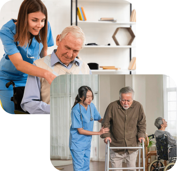 A collage featuring female nurses assisting an elderly man.